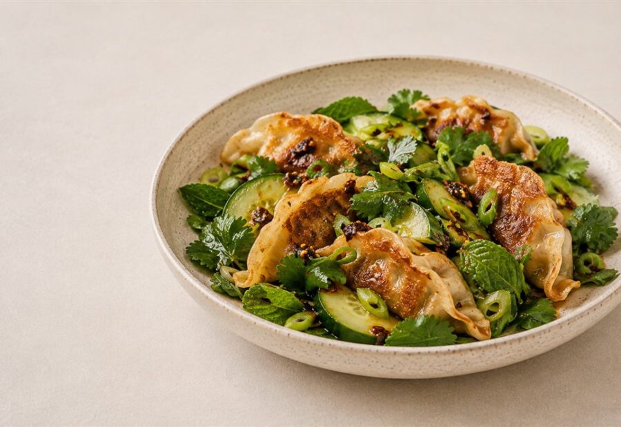 Dumpling salad – sałatka z chrupiącymi pierożkami gyoza, ogórkiem, ziołami i sosem chili crisp