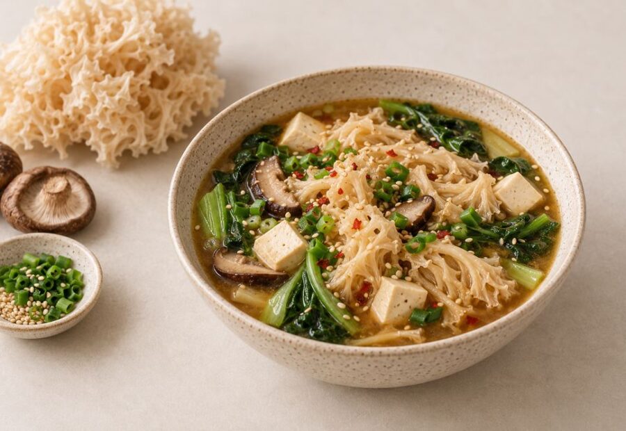 Siedzuń sosnowy zamiast makaronu – leśne „noodle” w bulionie miso